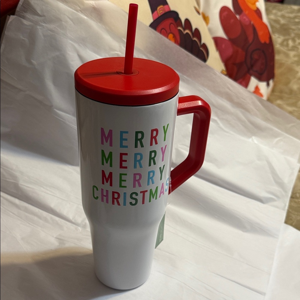 Sleigh Bell Bistro Festive Christmas 31 ounce stainless tumbler with straw